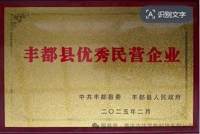 重慶吉佳節能科技榮獲2025年“豐都縣優秀民營企業”榮譽稱號